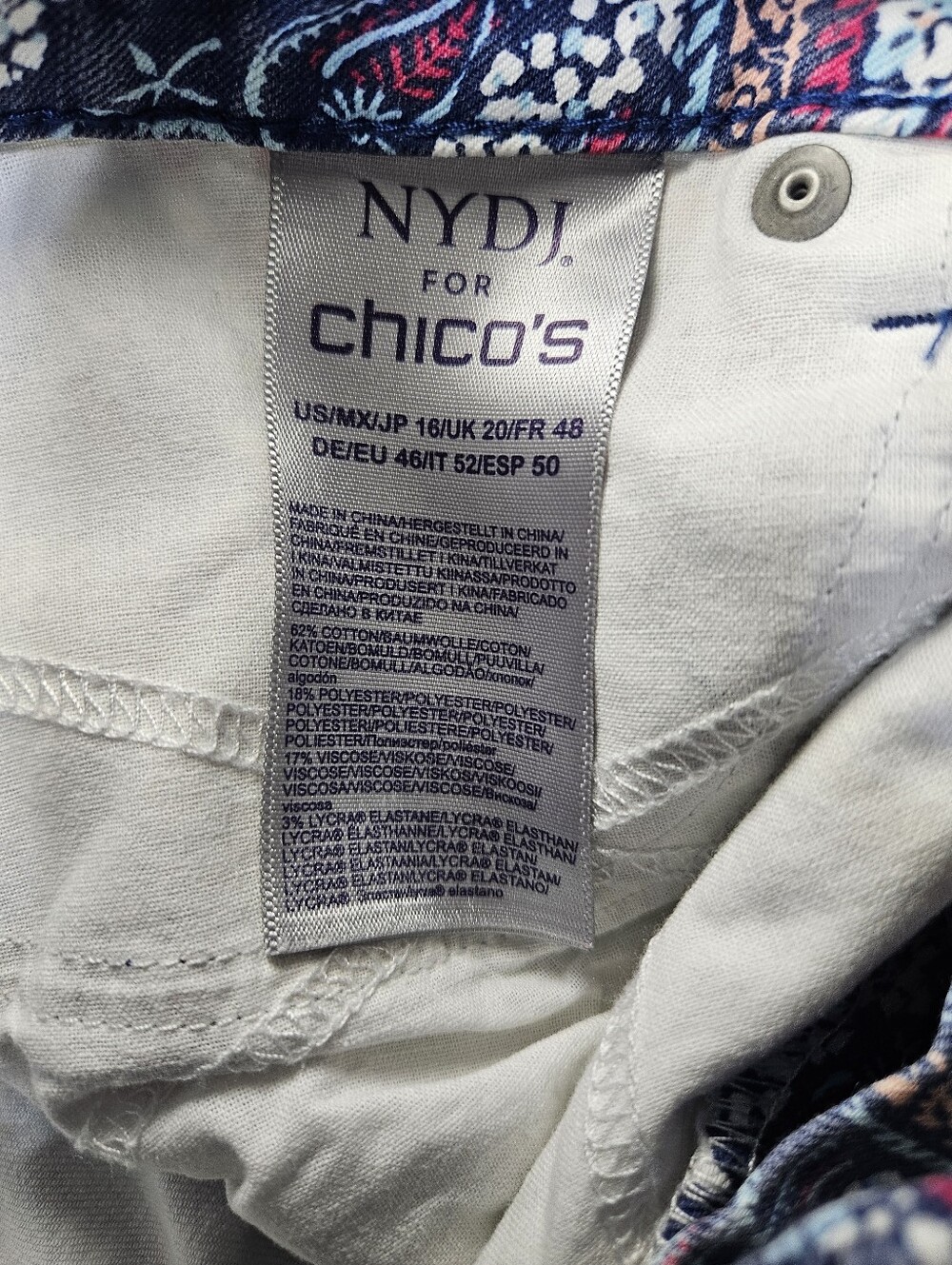 NYDJ for Chico’s Paisley Print Skinny Jeans Women’s Size 16 Blue Stretch Ankle - Picture 5 of 8